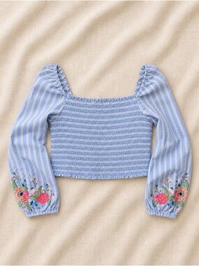 Xhilaration Blue Smocked Crop Top with Embroidered Floral Sleeves size medium